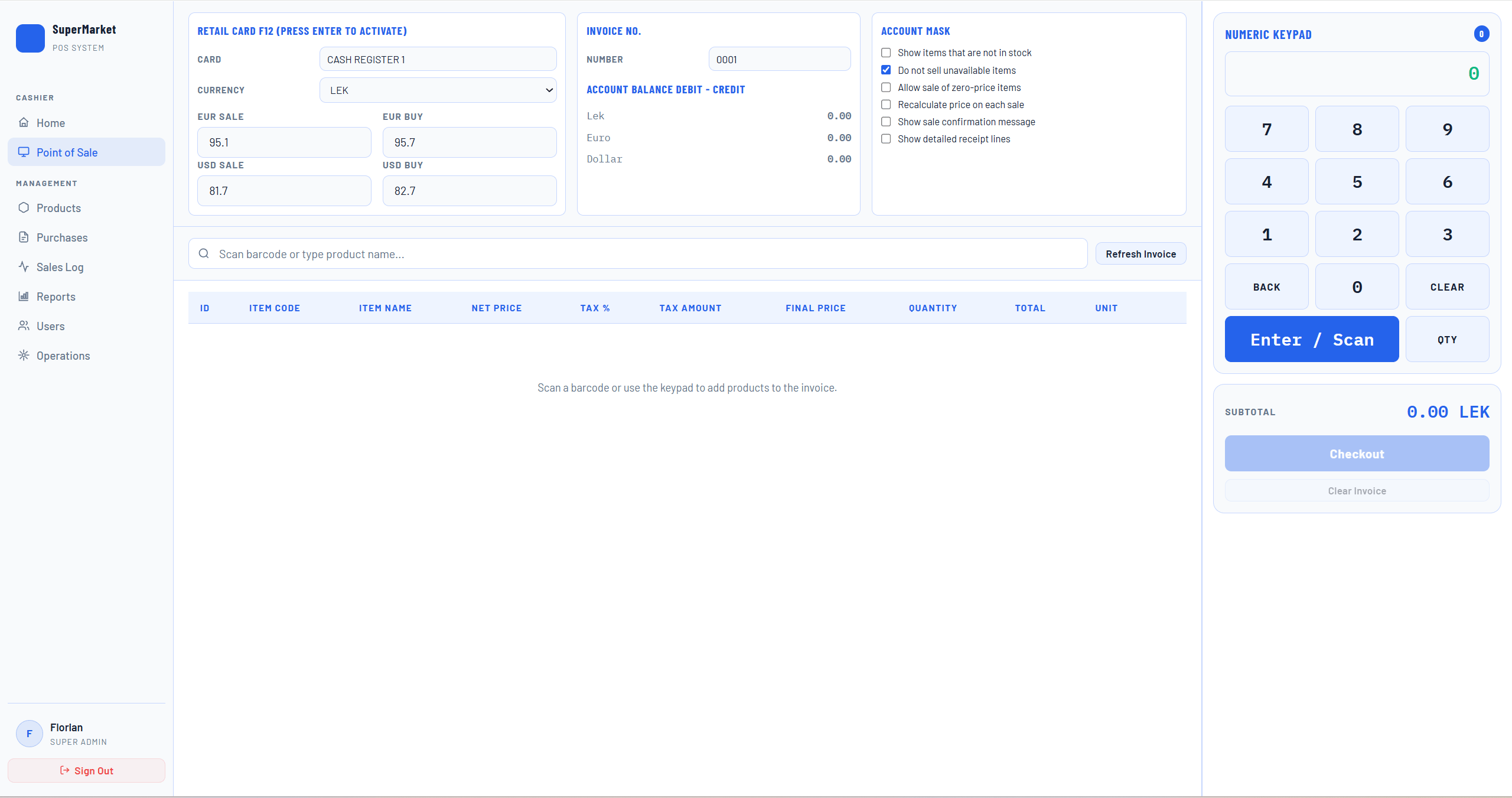SuperMarket POS — Cashier System — screenshot